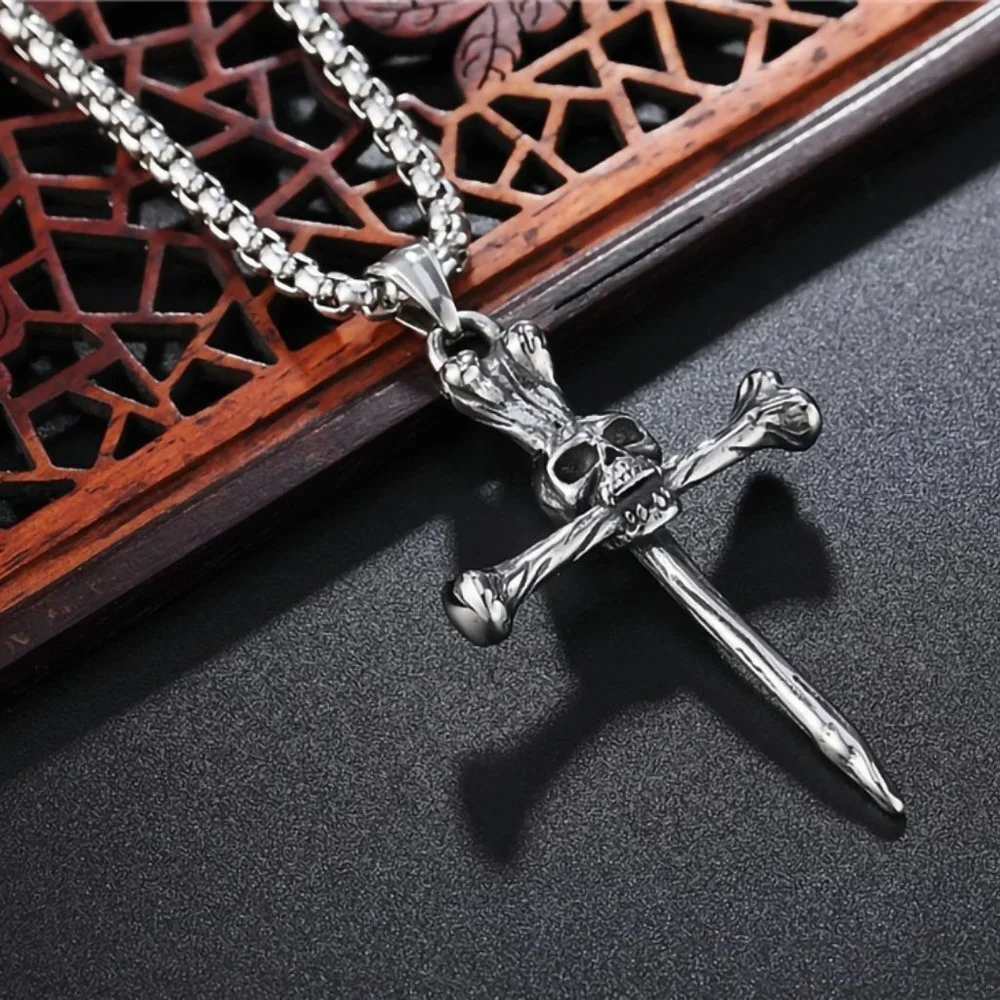 ❤️Style retro cast skull cross Halloween pendant necklace for men,N90201P…
